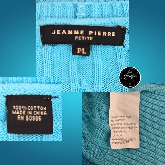 Jeanne Pierre Petite Teal/Turquoise Cable Knit Scoop Neck Cap Sleeve Sweater PL - Picture 6 of 8